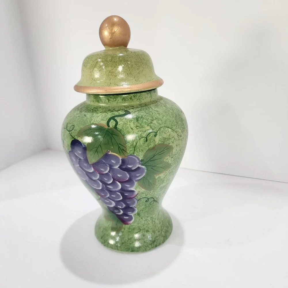 Hand Painted Ceramic Ginger Jar Green with Purple Grapes Gold Trim 9.5